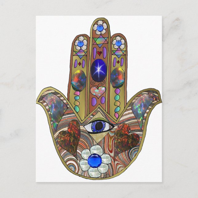 Judaica Hamsa Hearts Flowers Opal Art Print Postcard (Front)