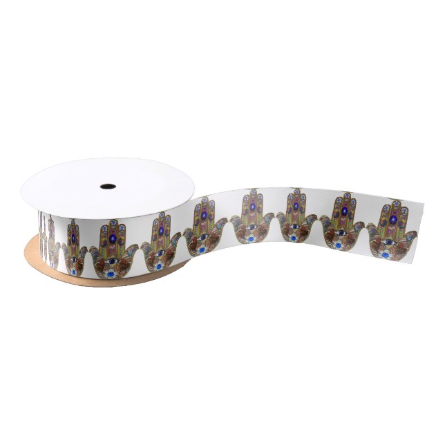 Judaica Hamsa Hearts Flowers Opal Art Print Satin Ribbon (Spool)