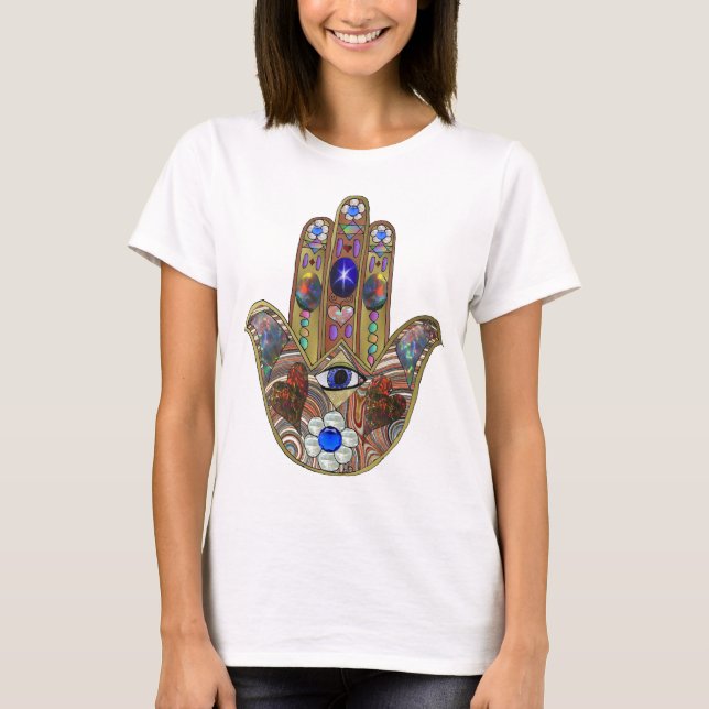 Judaica Hamsa Hearts Flowers Opal Art Print T-Shirt (Front)