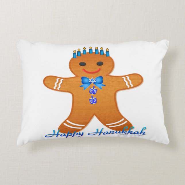 Judaica Hanukkah Gingerbread Man Menorah Decorative Cushion (Front)
