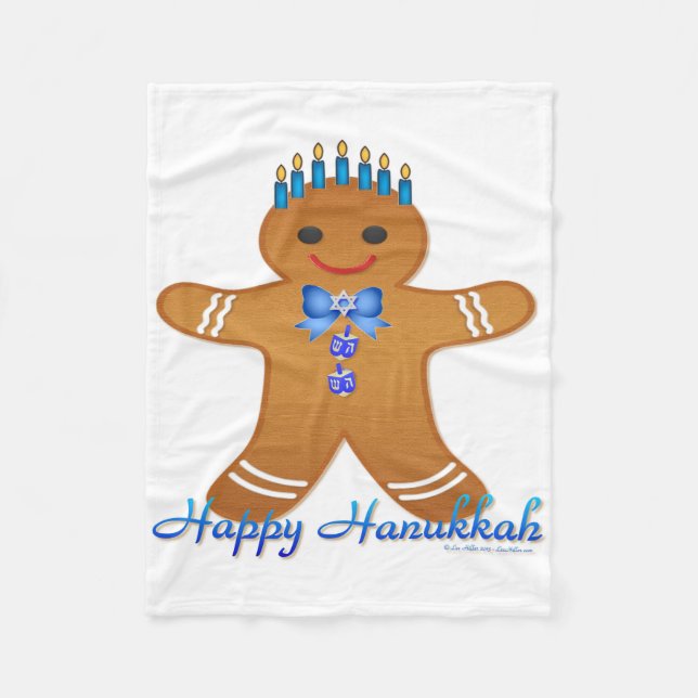 Judaica Hanukkah Gingerbread Man Menorah Fleece Blanket (Front)