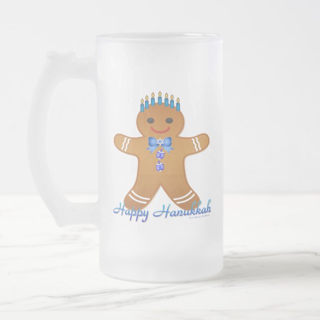 Judaica Hanukkah Gingerbread Man Menorah Frosted Glass Beer Mug (Left)