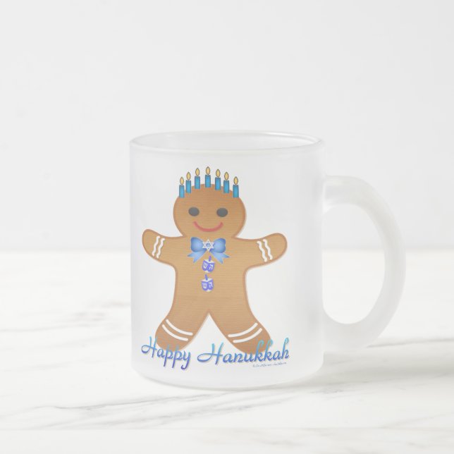 Judaica Hanukkah Gingerbread Man Menorah Frosted Glass Coffee Mug (Right)