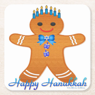 Judaica Hanukkah Gingerbread Man Menorah Square Paper Coaster