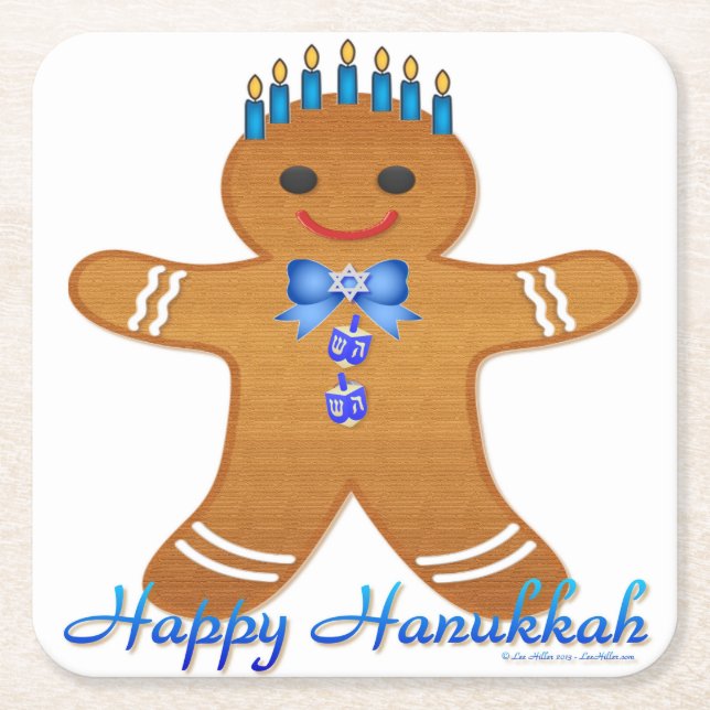 Judaica Hanukkah Gingerbread Man Menorah Square Paper Coaster (Front)
