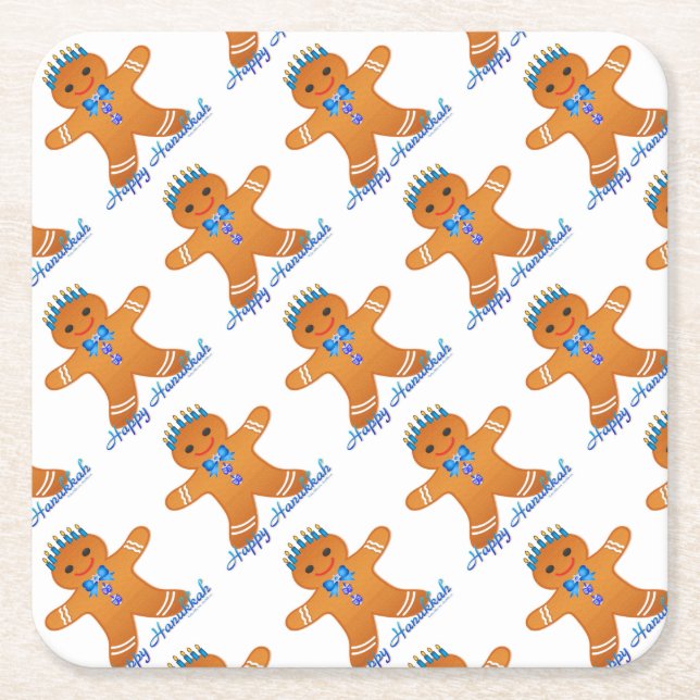 Judaica Hanukkah Gingerbread Man Menorah Square Paper Coaster (Front)