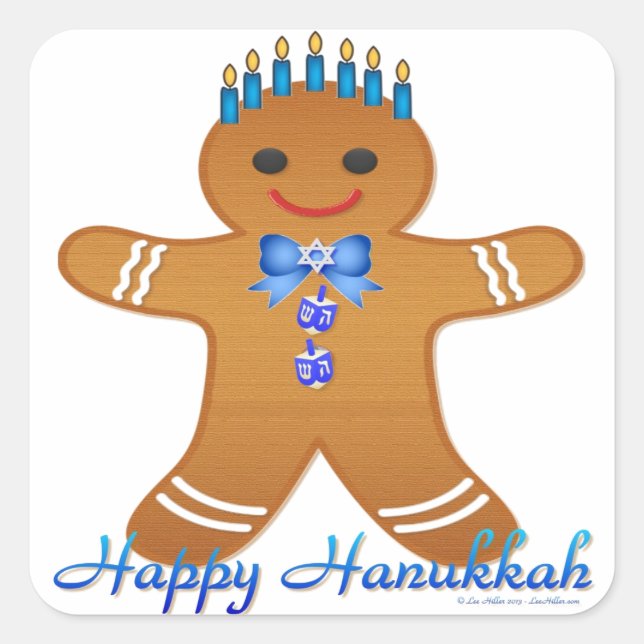 Judaica Hanukkah Gingerbread Man Menorah Square Sticker (Front)