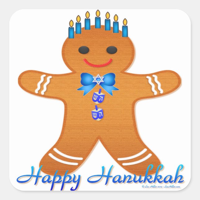 Judaica Hanukkah Gingerbread Man Menorah Square Sticker (Front)