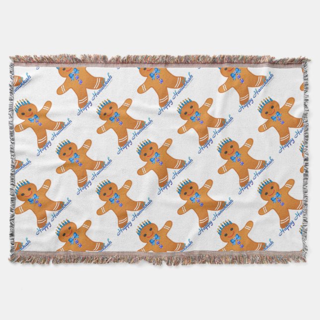 Judaica Hanukkah Gingerbread Man Menorah Throw Blanket (Front)