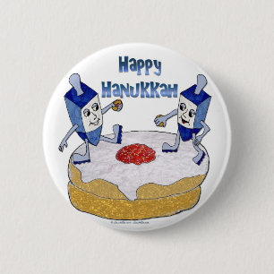 Judaica Happy Hanukkah Dancing Dreidels Doughnut 6 Cm Round Badge