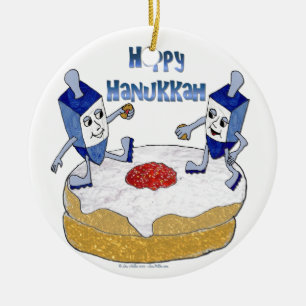 Judaica Happy Hanukkah Dancing Dreidels Doughnut Ceramic Tree Decoration