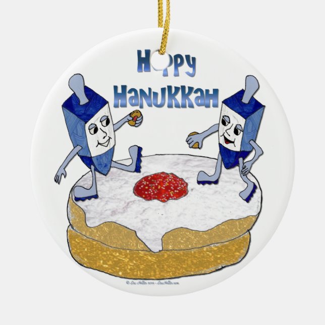 Judaica Happy Hanukkah Dancing Dreidels Doughnut Ceramic Tree Decoration (Front)