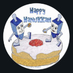 Judaica Happy Hanukkah Dancing Dreidels Doughnut Classic Round Sticker<br><div class="desc">You are viewing The Lee Hiller Designs Collection of Home and Office Decor,  Apparel,  Gifts and Collectibles. The Designs include Lee Hiller Photography and Mixed Media Digital Art Collection. You can view her Nature photography at http://HikeOurPlanet.com/ and follow her hiking blog within Hot Springs National Park.</div>