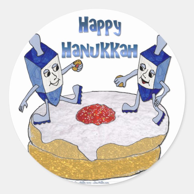 Judaica Happy Hanukkah Dancing Dreidels Doughnut Classic Round Sticker (Front)