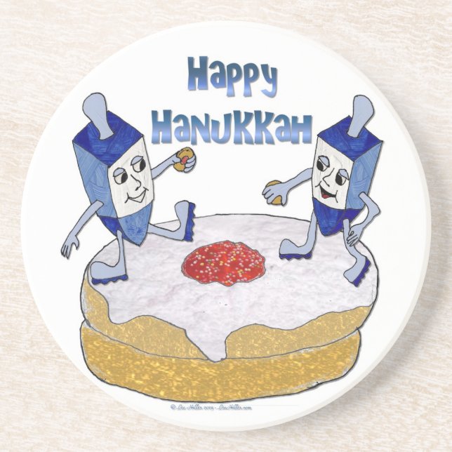 Judaica Happy Hanukkah Dancing Dreidels Doughnut Coaster (Front)