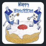 Judaica Happy Hanukkah Dancing Dreidels Doughnut Square Sticker<br><div class="desc">You are viewing The Lee Hiller Designs Collection of Home and Office Decor,  Apparel,  Gifts and Collectibles. The Designs include Lee Hiller Photography and Mixed Media Digital Art Collection. You can view her Nature photography at http://HikeOurPlanet.com/ and follow her hiking blog within Hot Springs National Park.</div>