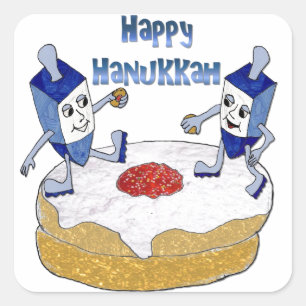 Judaica Happy Hanukkah Dancing Dreidels Doughnut Square Sticker