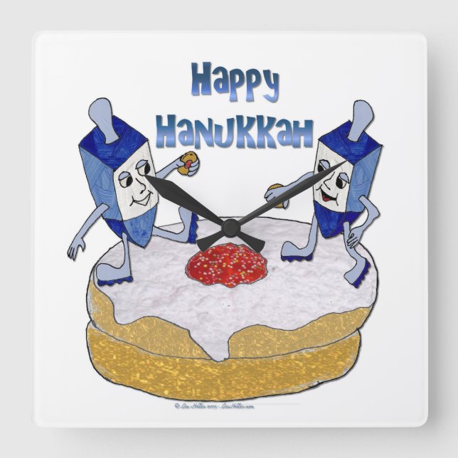 Judaica Happy Hanukkah Dancing Dreidels Doughnut Square Wall Clock (Front)