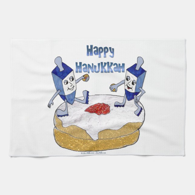 Judaica Happy Hanukkah Dancing Dreidels Doughnut Tea Towel (Horizontal)