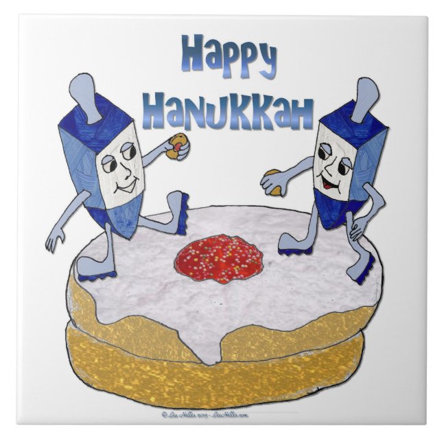 Judaica Happy Hanukkah Dancing Dreidels Doughnut Tile (Front)