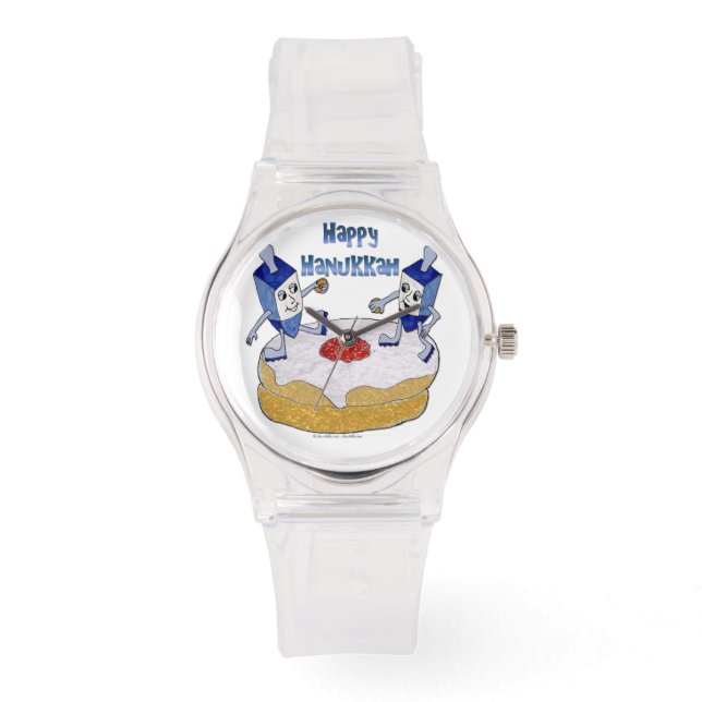 Judaica Happy Hanukkah Dancing Dreidels Doughnut Watch (Front)