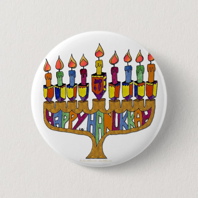 Judaica Happy Hanukkah Dreidel Menorah 6 Cm Round Badge (Front)