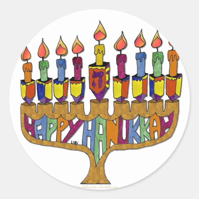 Judaica Happy Hanukkah Dreidel Menorah Classic Round Sticker (Front)