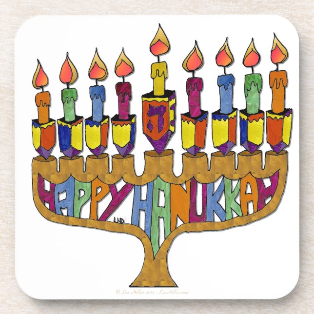 Judaica Happy Hanukkah Dreidel Menorah Coaster (Front)