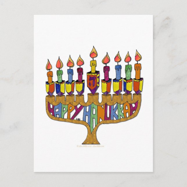 Judaica Happy Hanukkah Dreidel Menorah Holiday Postcard (Front)