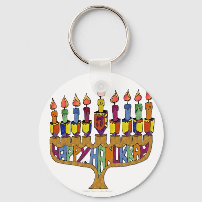Judaica Happy Hanukkah Dreidel Menorah Key Ring (Front)