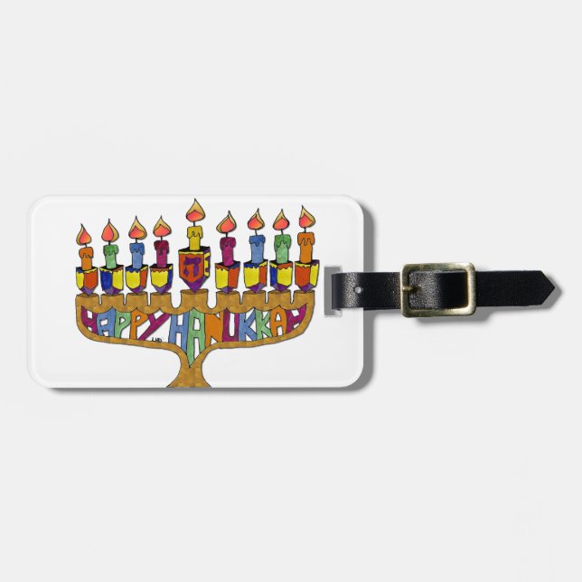 Judaica Happy Hanukkah Dreidel Menorah Luggage Tag (Front Horizontal)