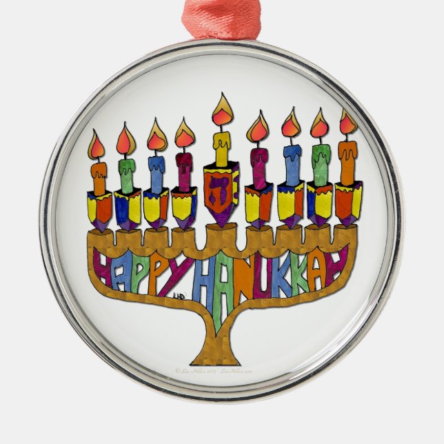 Judaica Happy Hanukkah Dreidel Menorah Metal Tree Decoration (Front)