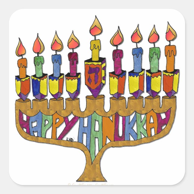 Judaica Happy Hanukkah Dreidel Menorah Square Sticker (Front)