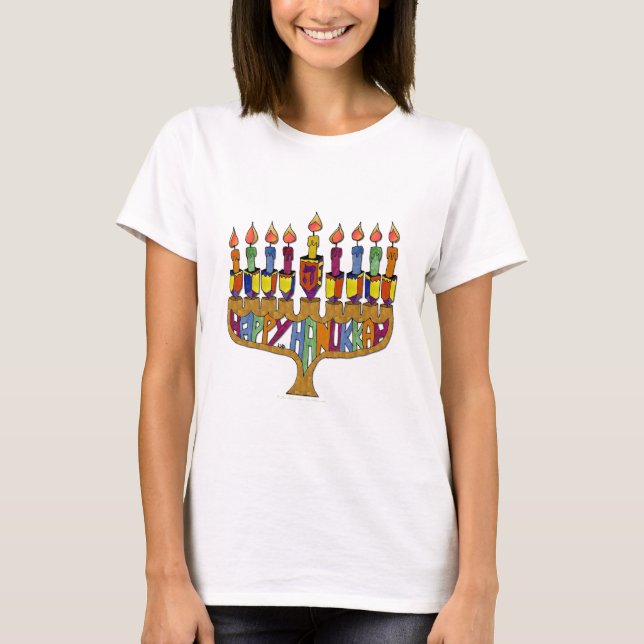 Judaica Happy Hanukkah Dreidel Menorah T-Shirt (Front)