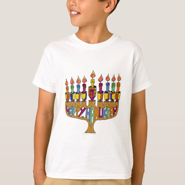 Judaica Happy Hanukkah Dreidel Menorah T-Shirt (Front)