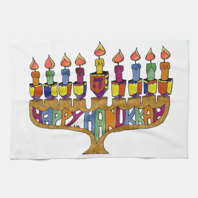 Judaica Happy Hanukkah Dreidel Menorah Tea Towel (Horizontal)