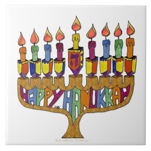 Judaica Happy Hanukkah Dreidel Menorah Tile (Front)