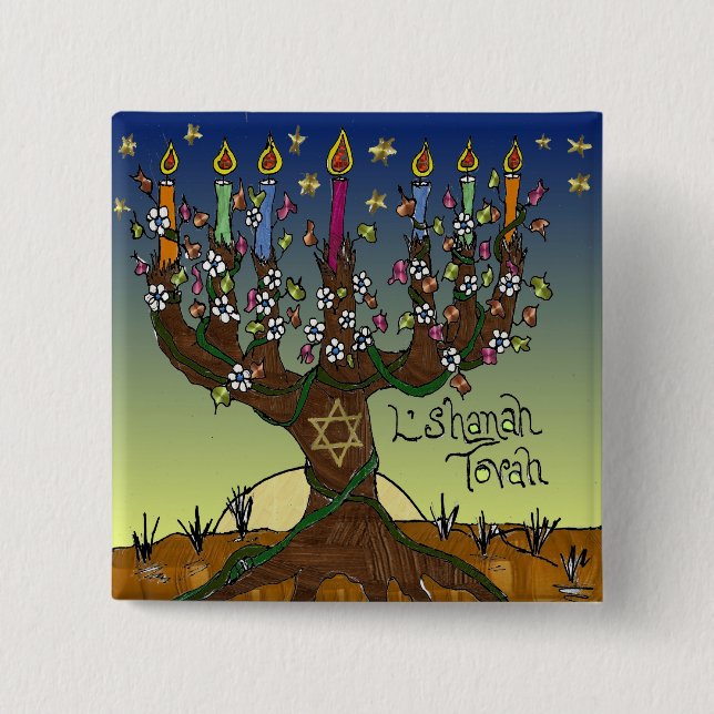 Judaica L'shanah Tovah Tree Of Life Gifts Apparel 15 Cm Square Badge (Front)