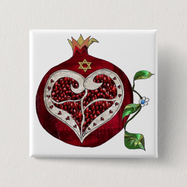 Judaica Pomegranate Heart Hanukkah Rosh Hashanah 15 Cm Square Badge (Front)