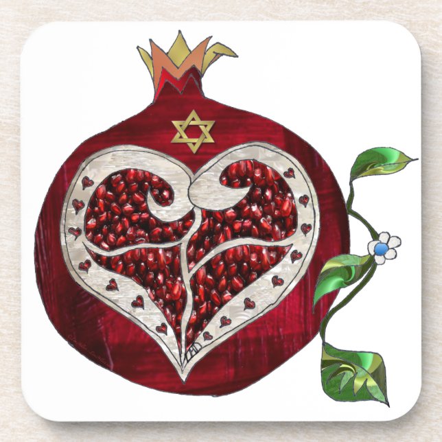 Judaica Pomegranate Heart Hanukkah Rosh Hashanah Coaster (Front)