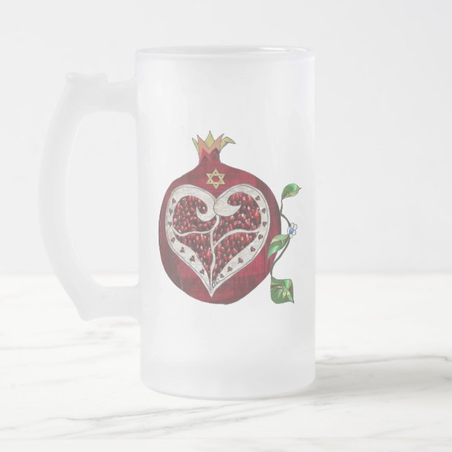 Judaica Pomegranate Heart Hanukkah Rosh Hashanah Frosted Glass Beer Mug (Left)
