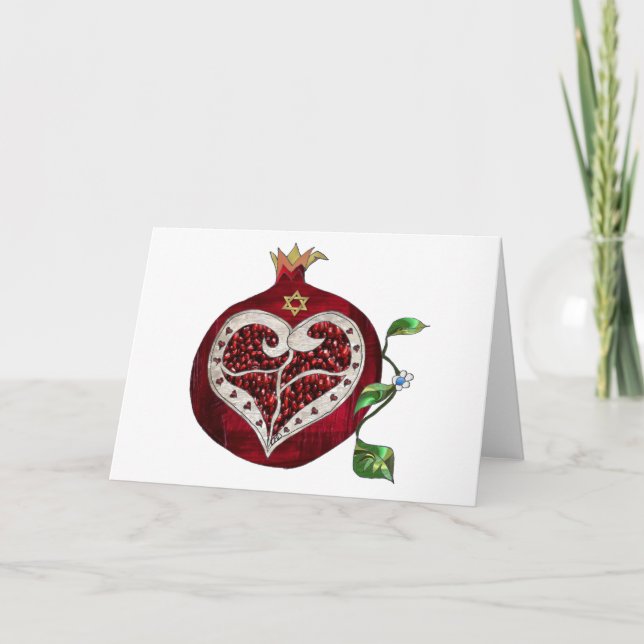 Judaica Pomegranate Heart Hanukkah Rosh Hashanah Holiday Card (Front)