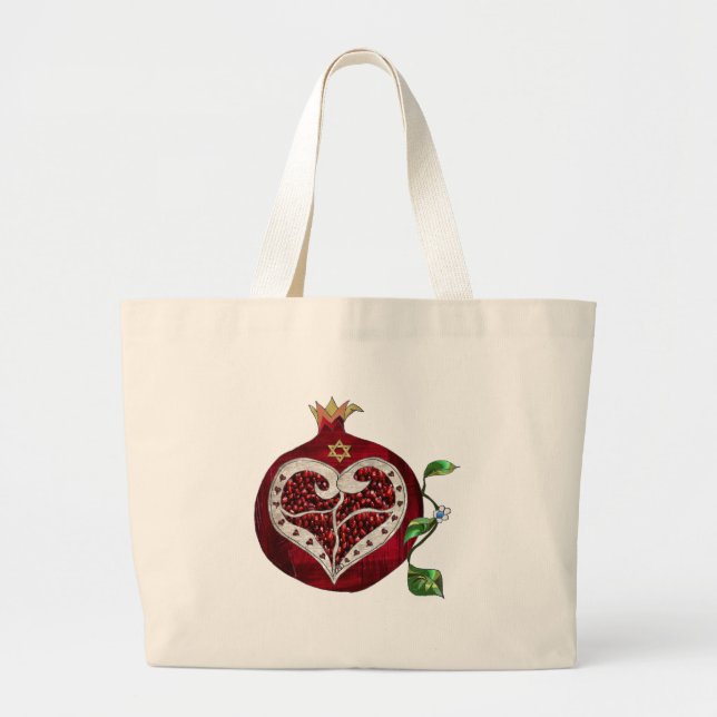 Judaica Pomegranate Heart Hanukkah Rosh Hashanah Large Tote Bag (Front)