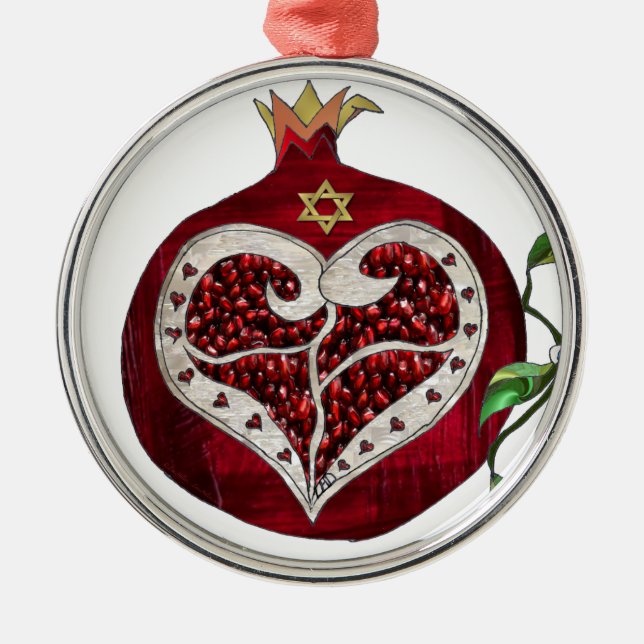 Judaica Pomegranate Heart Hanukkah Rosh Hashanah Metal Tree Decoration (Front)