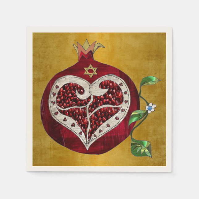 Judaica Pomegranate Heart Hanukkah Rosh Hashanah Napkin (Front)