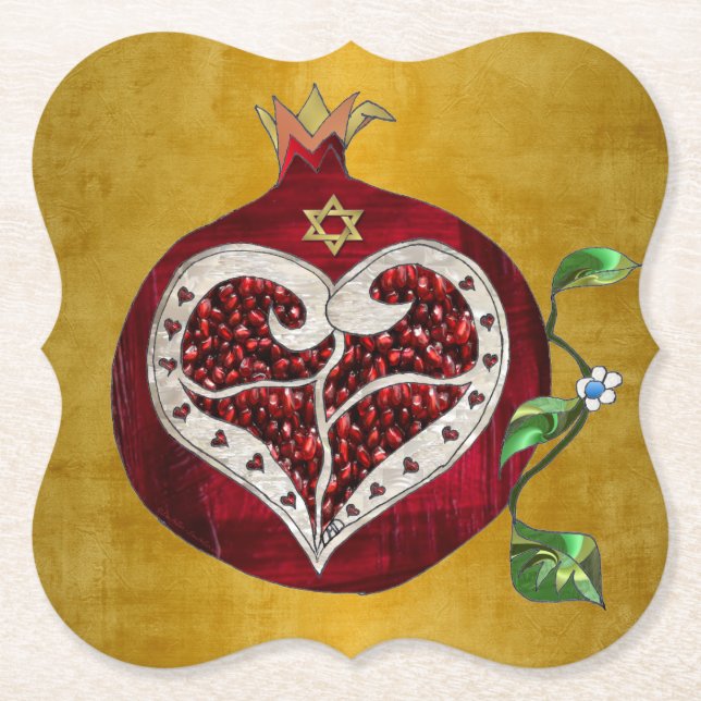 Judaica Pomegranate Heart Hanukkah Rosh Hashanah Paper Coaster (Front)