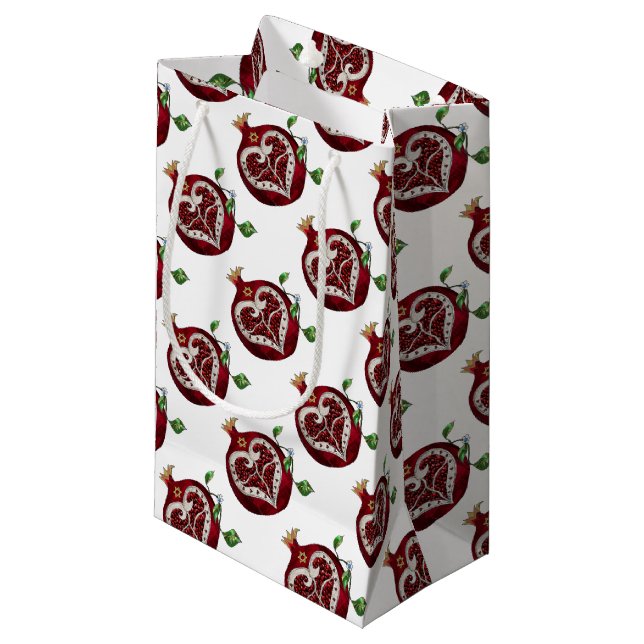 Judaica Pomegranate Heart Hanukkah Rosh Hashanah Small Gift Bag (Front Angled)