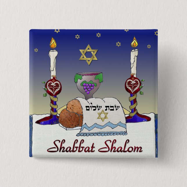 Judaica Shabbat Shalom Art Print 15 Cm Square Badge (Front)