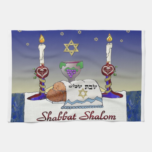 Judaica Shabbat Shalom Art Print Tea Towel (Horizontal)