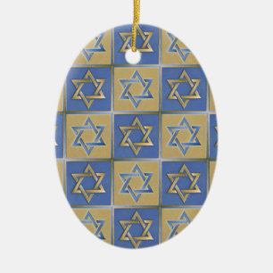 Judaica Star Of David Metal Gold Blue Ceramic Tree Decoration